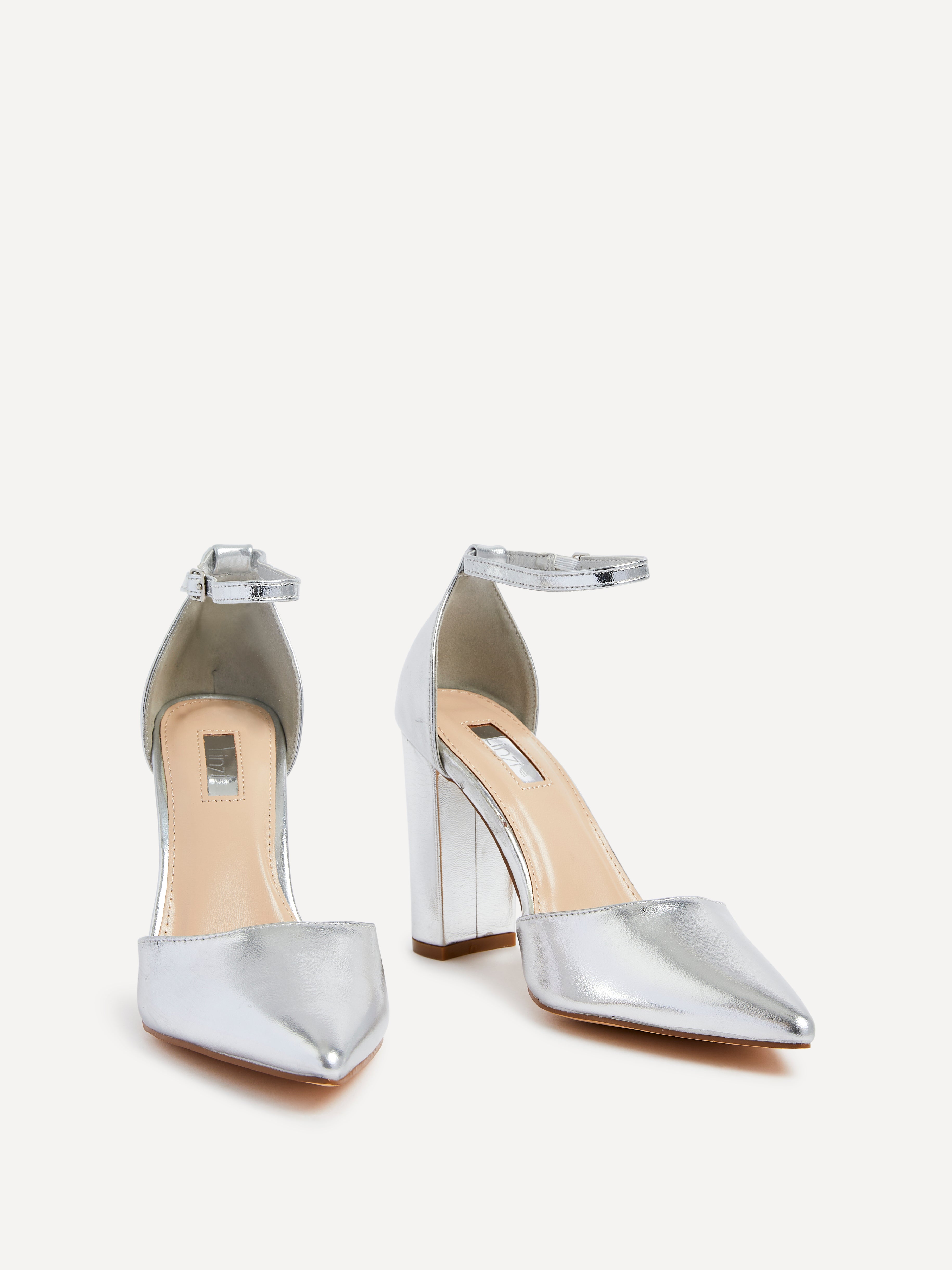 Ankle Strap Wide Heel Silver Shoes Silver Metallic Court Shoe With