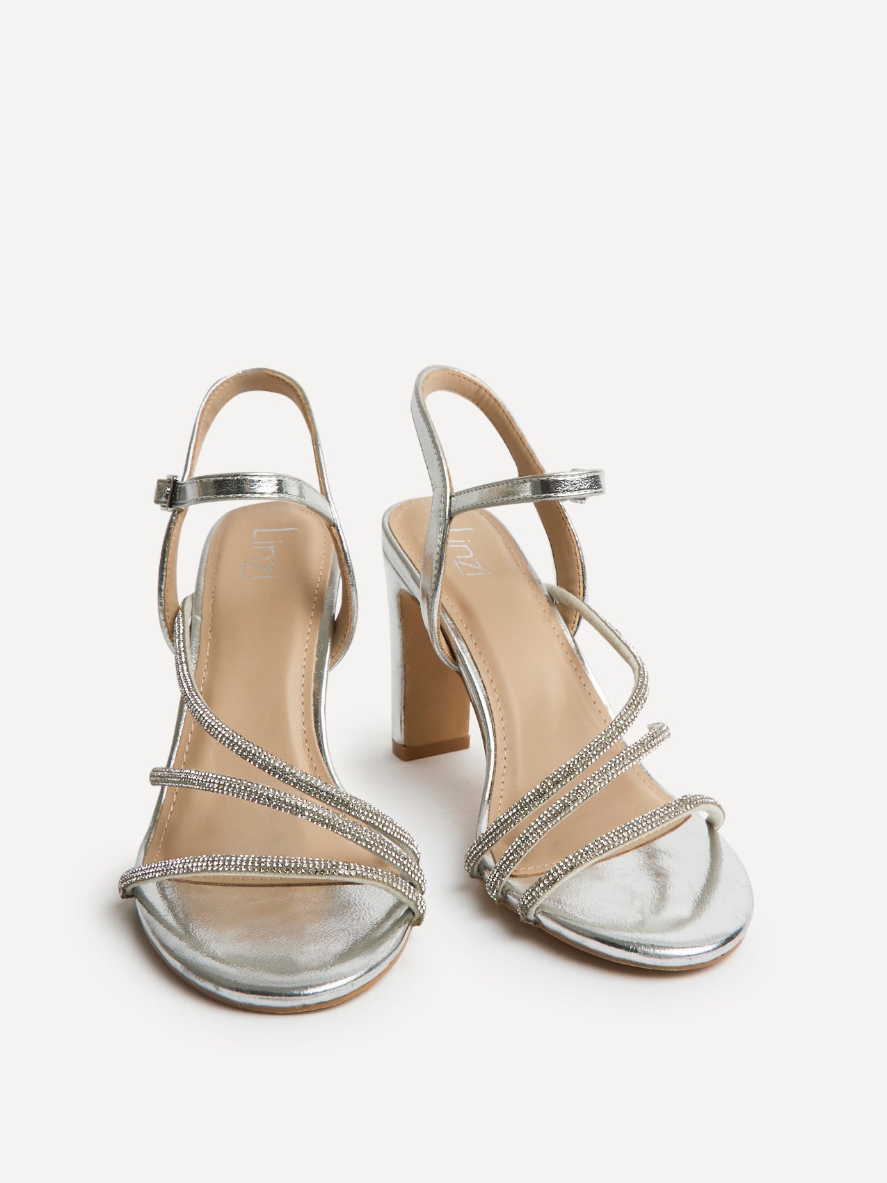 Silver Faux Leather Diamante Block Heel – Linzi