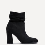 Mila Black Suede Heeled Ruched Ankle Boots