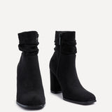 Mila Black Suede Heeled Ruched Ankle Boots