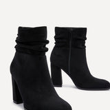 Mila Black Suede Heeled Ruched Ankle Boots
