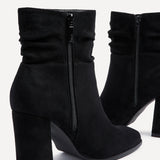 Mila Black Suede Heeled Ruched Ankle Boots