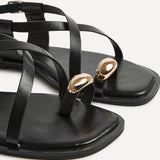 Mist Black Toe Ring Flat Sandals