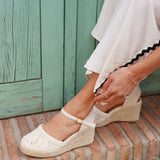 Mystic Beige Embroidered Espadrille Wedges