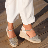 Mystic Gold Embroidered Espadrille Wedges