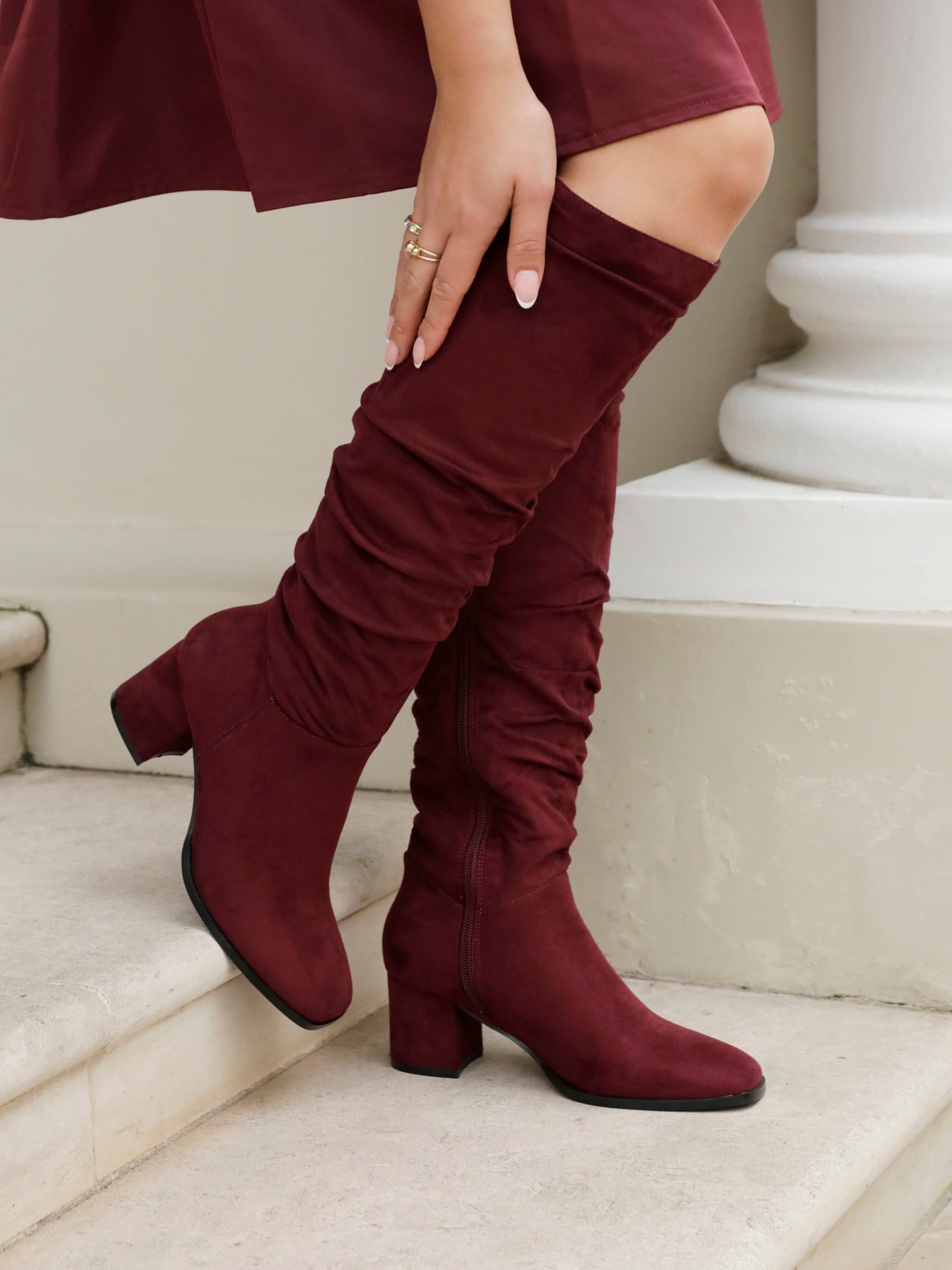 Burgundy Faux Suede Knee High Block Heeled Ruched Boot With Square