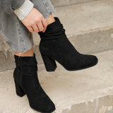 Mila Black Suede Heeled Ruched Ankle Boots