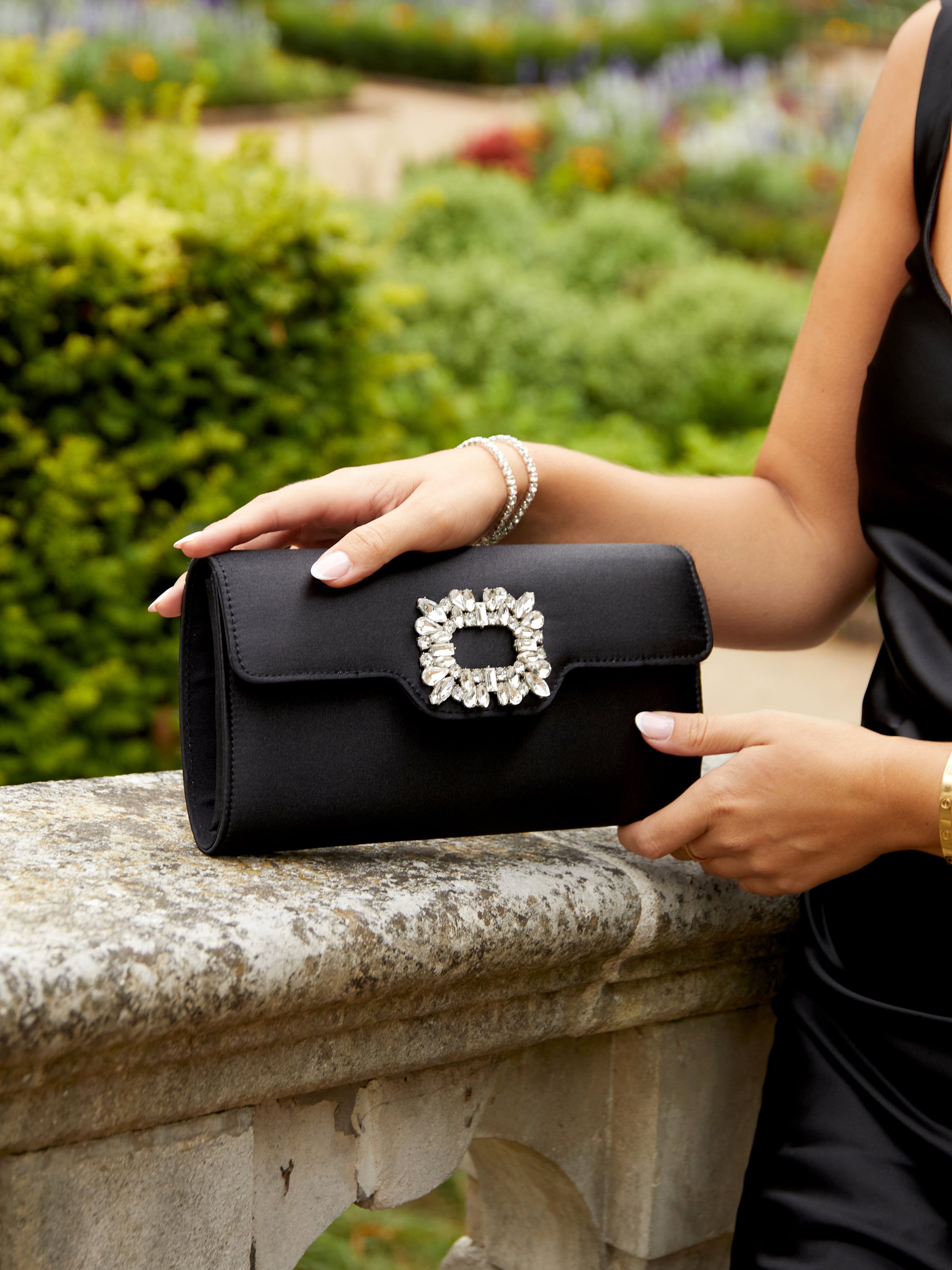Black Satin Diamante Trim Clutch Bag Linzi Black Satin Diamante Trim Clutch Bag Linzi