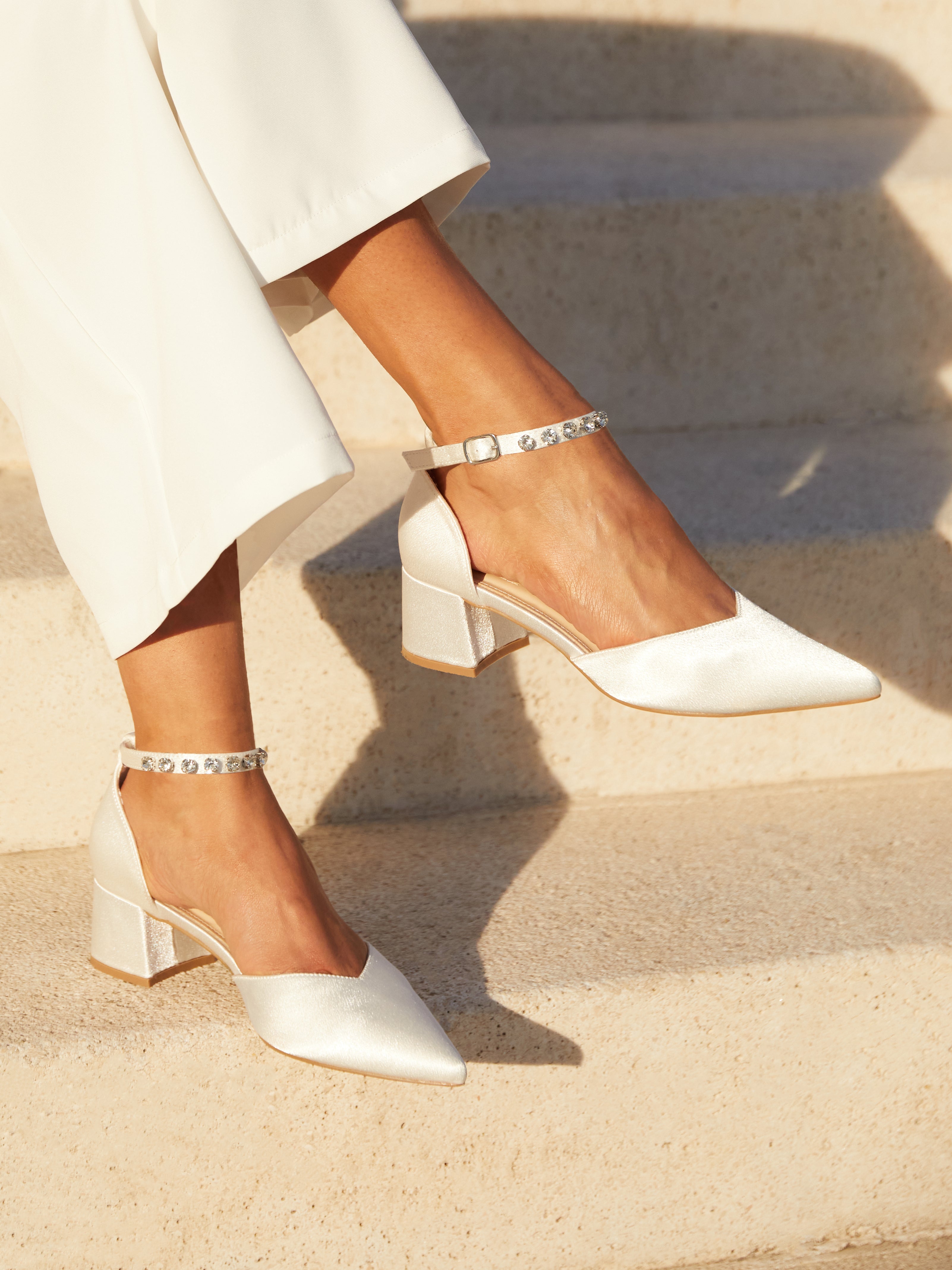 Bridal Ivory Satin Low Block Court Heel With Embellished Ankle