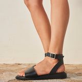 Nora Black Faux Leather Flat Sandals