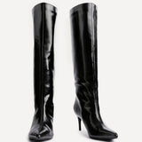 Onyx Black Faux Leather Long Heeled Boots