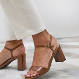 Reveal Brown Faux Leather Block Heeled Sandals