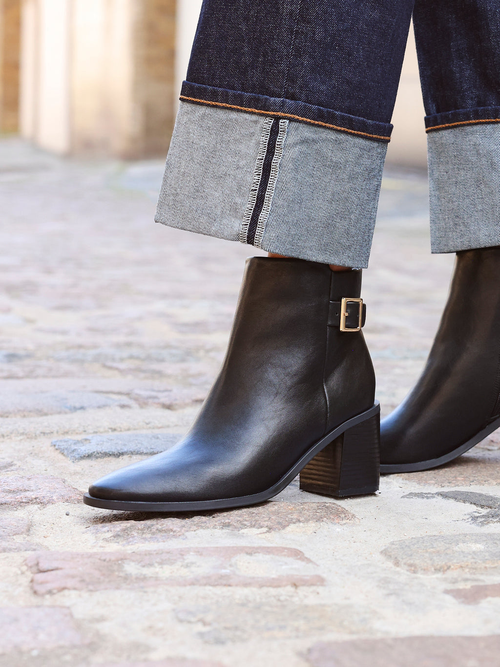 Black Faux Leather Block Heeled Ankle Boot – Linzi