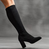 Kylie Black Stretch Long Block Heeled Boots