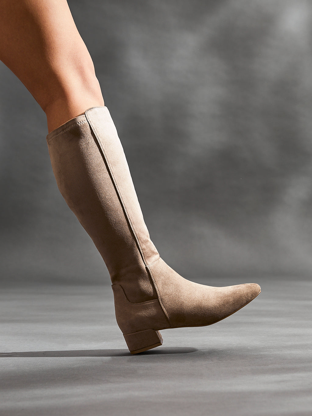 Mocha Faux Suede Low Block Heel High Leg Boot – Linzi