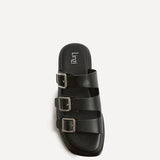 Satellite Black Faux Leather Flat Sandals