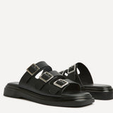 Satellite Black Faux Leather Flat Sandals