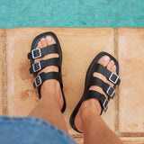 Satellite Black Faux Leather Flat Sandals