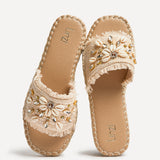 Seaside Beige Raffia Embellished Sliders