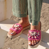 Seaside Fuchsia Raffia Embellished Sliders
