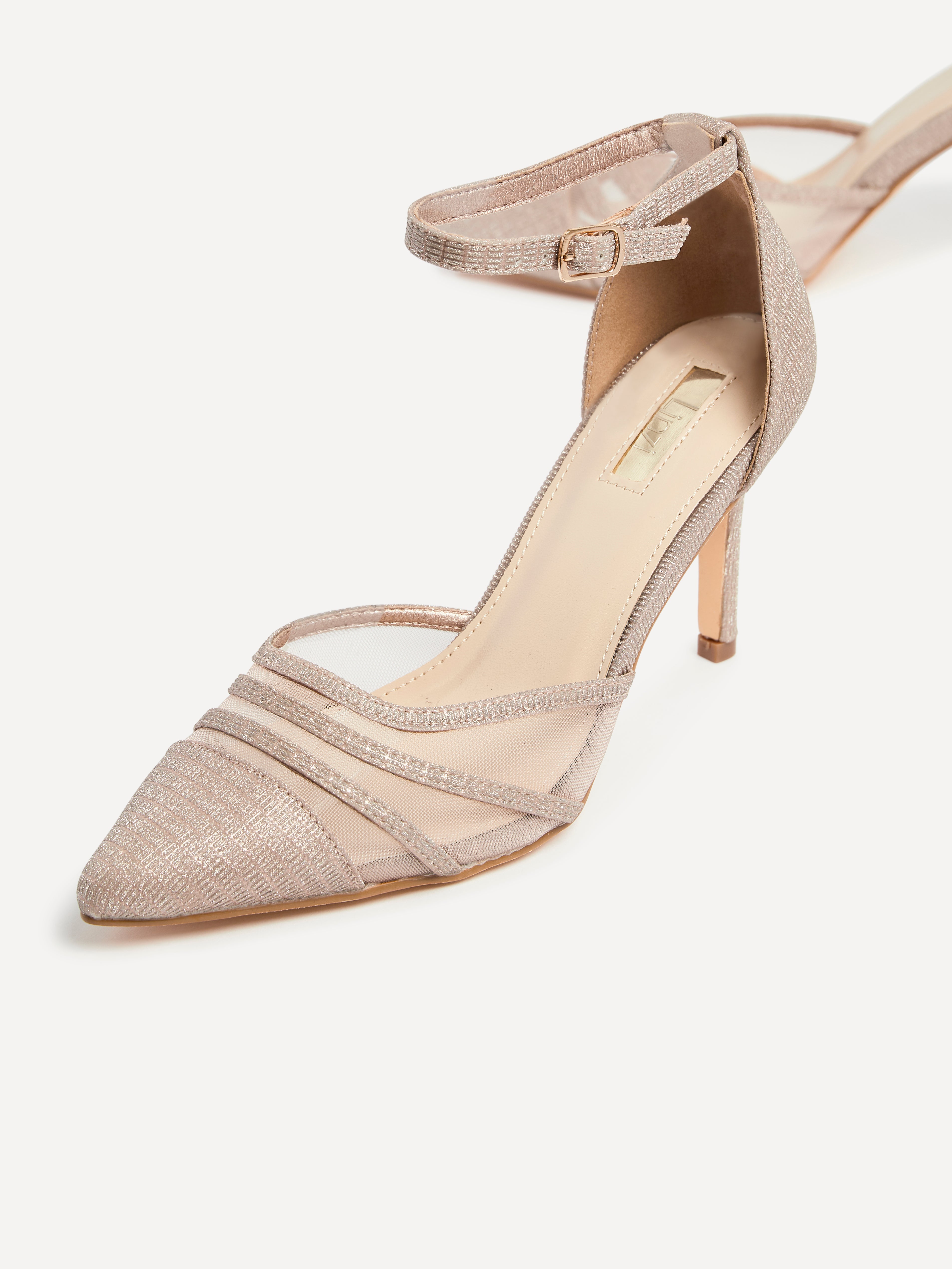 Rose Gold Glitter Mesh Court Heel With Ankle Strap – Linzi