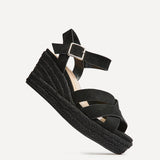 Sheena Black Crossover Espadrille Wedges