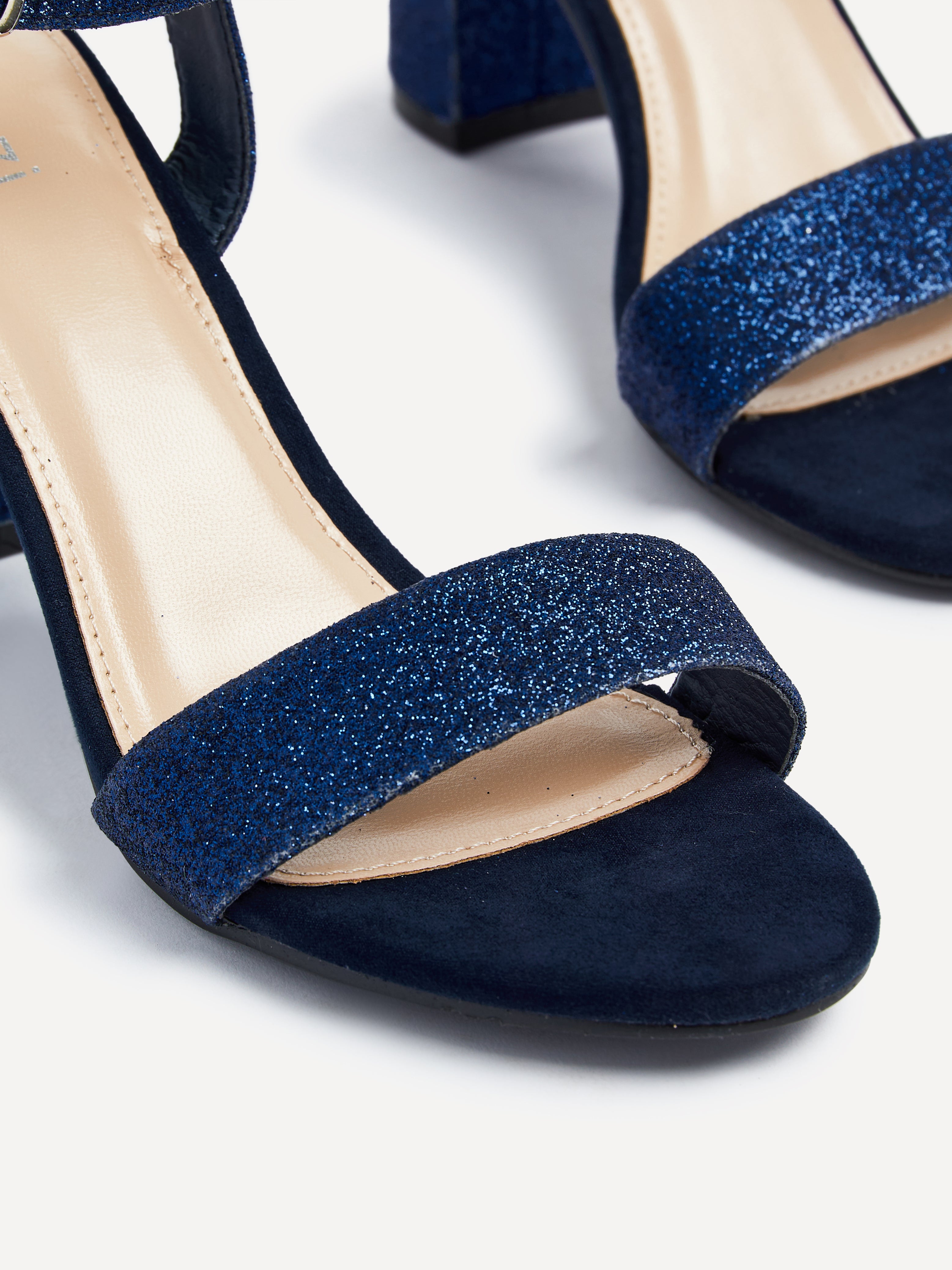 Navy Glitter Open Back Barely There Block Heeled Sandal – Linzi