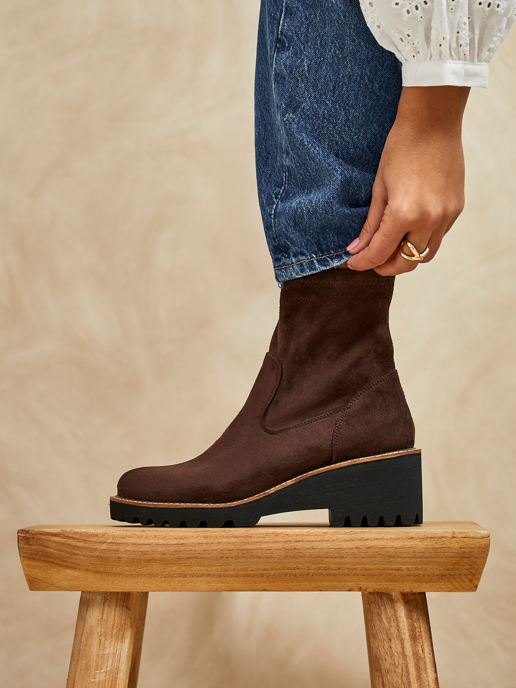 Brown Faux Suede Wedged Heel Ankle Boot – Linzi