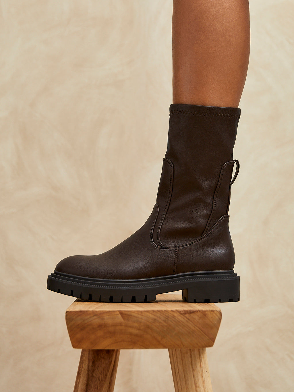 Brown Faux Leather Pull On Mid Chelsea Boot – Linzi