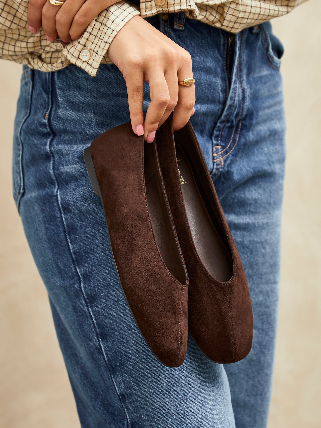 Structured Flats Structure Brown Faux Suede Square Toe Ballet Flats – Linzi