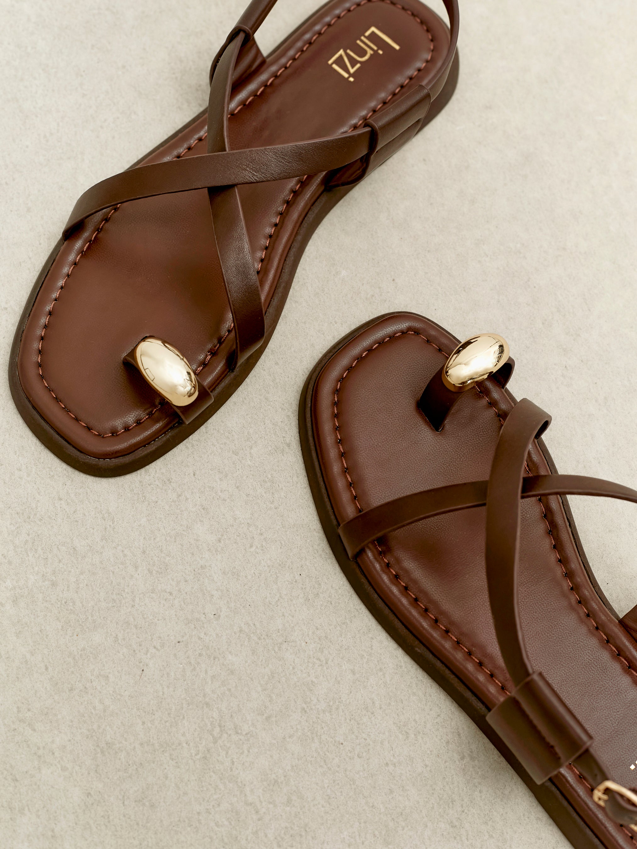 Brown Faux Leather Strappy Flat Sandal With Toe Ring Linzi Brown Faux Leather Strappy Flat Sandal With Toe Ring Linzi