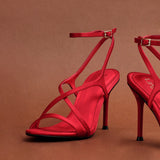 Taliya Red Satin Strappy Stiletto Heels