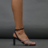 Glimmer Black Faux Suede Diamante Block Heels