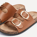 Tatum Tan Double Buckle Slider Sandals