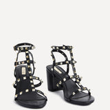Tessa Black & Gold Studded Block Heel Sandals