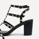 Tessa Black & Gold Studded Block Heel Sandals