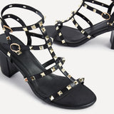 Tessa Black & Gold Studded Block Heel Sandals