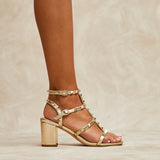 Tessa Gold Studded Block Heel Sandals