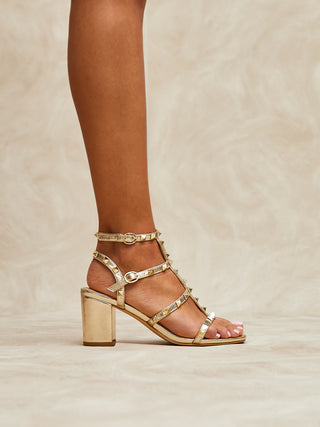 Tessa Gold Studded Block Heel Sandals