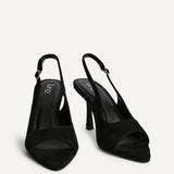 Tokyo Black Faux Suede Peep Toe Heels