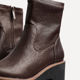 Trish Brown Faux Leather Wedged Ankle Boots