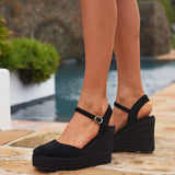 True Black Faux Suede Espadrille Wedges