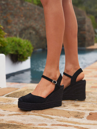True Black Faux Suede Espadrille Wedges
