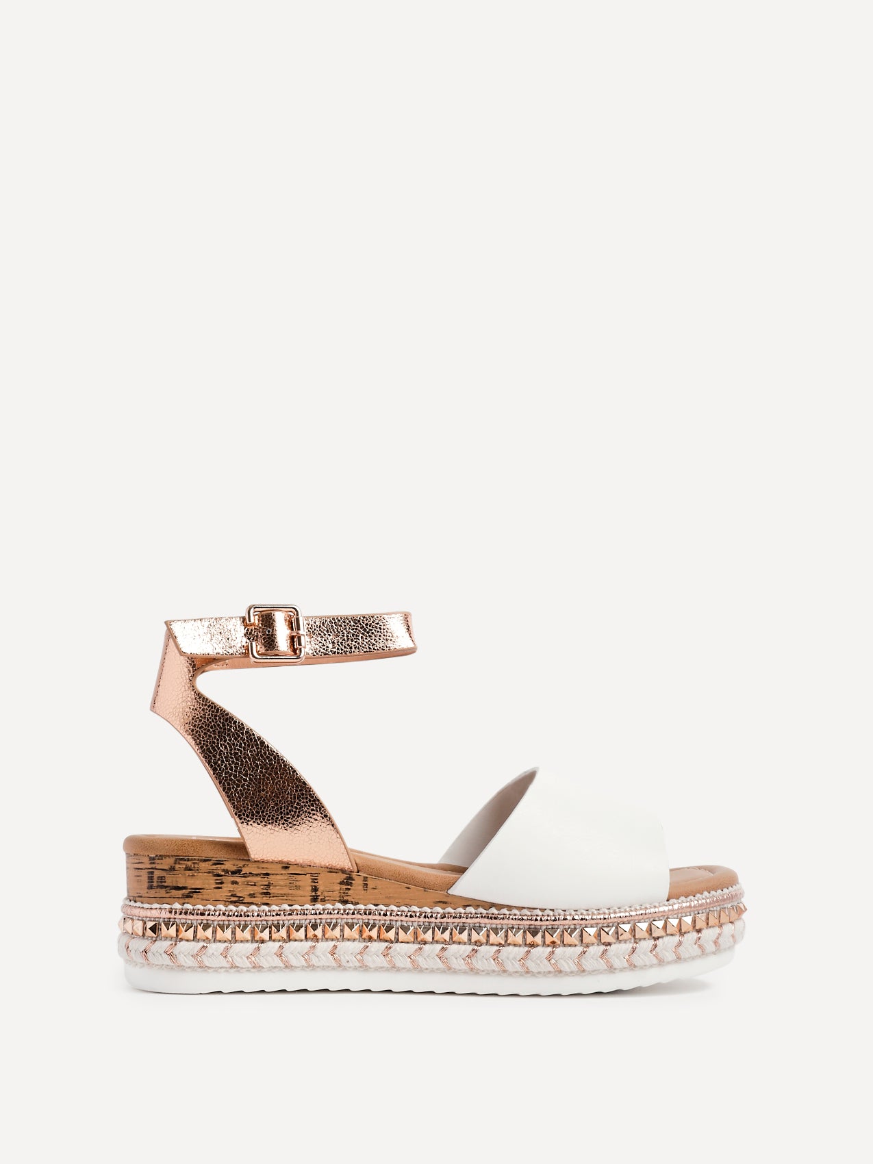 Rose Gold White Faux Leather Embellished Flatform Sandals – Linzi
