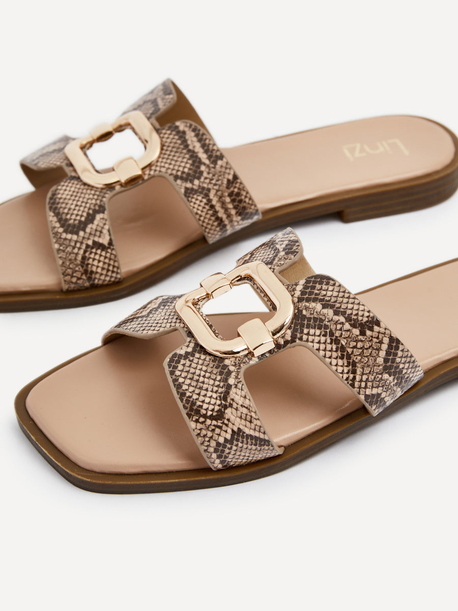 Snake Print Faux Leather Flat Sandal With Gold Embellished Detail