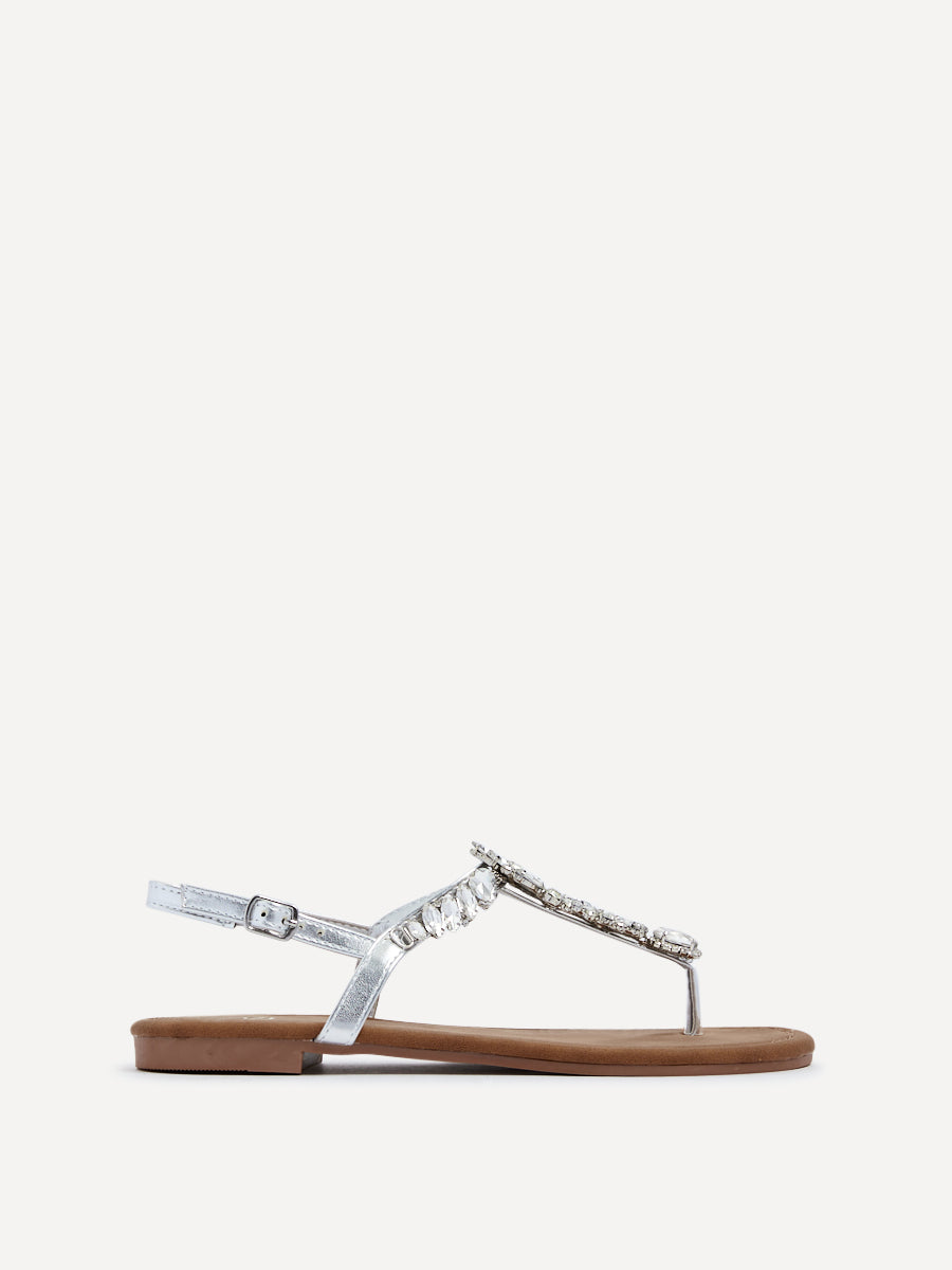 Silver Flat T Bar Large Diamante Trim Sandal – Linzi