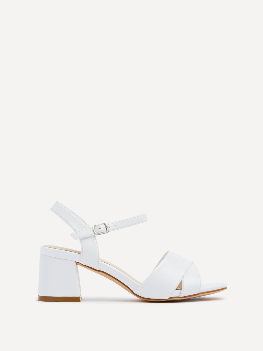 Wide Fit White Faux Leather Block Heeled Sandals – Linzi