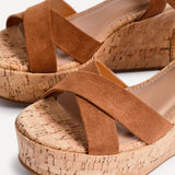 Vivid Tan Faux Suede Cork Wedges