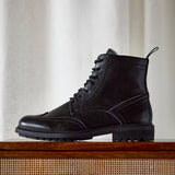 Leonardo Mens Black Faux Leather Brogue Boots