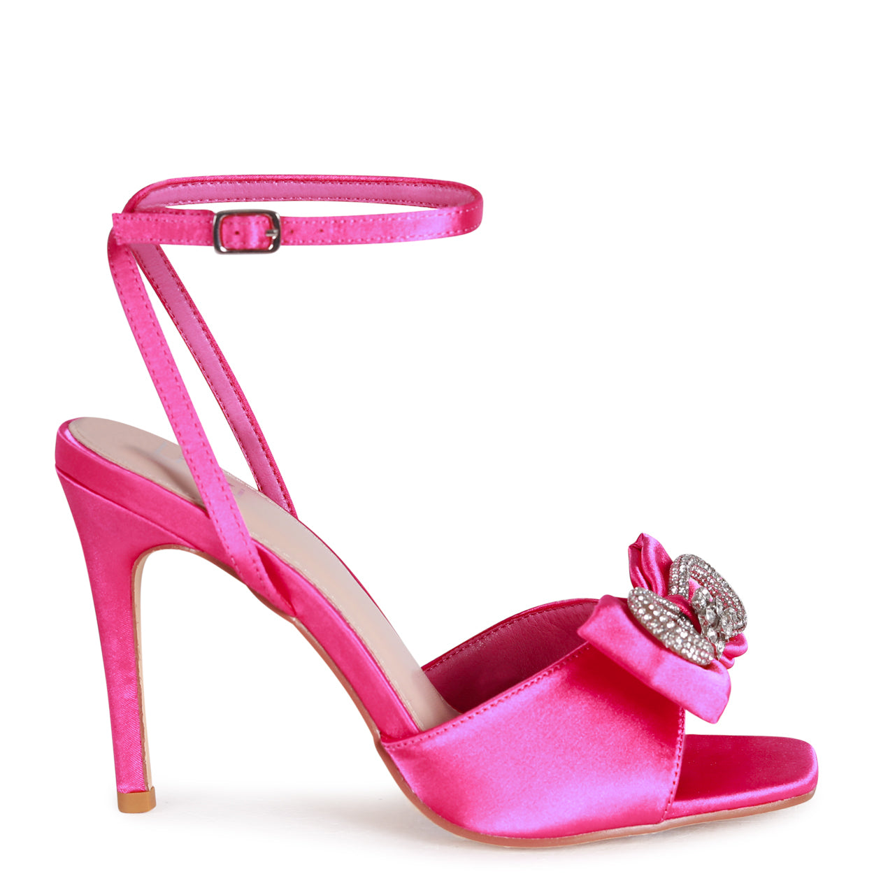 Fuchsia Satin Stiletto Peep Toe Heels With Front Bow Detail – Linzi